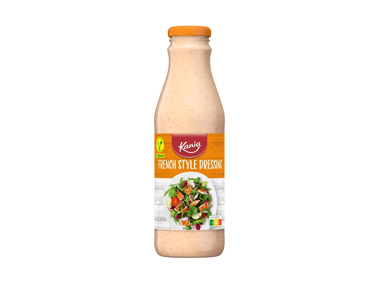 Flasche mit veganem French Style Dressing und einem Salatbild auf dem Etikett.