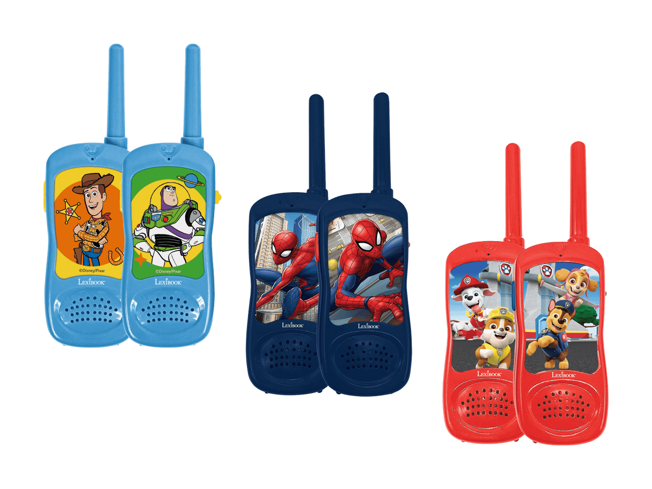 Drei Paar Kinder-Walkie-Talkies mit Toy Story, Spider-Man und Paw Patrol Motiven.