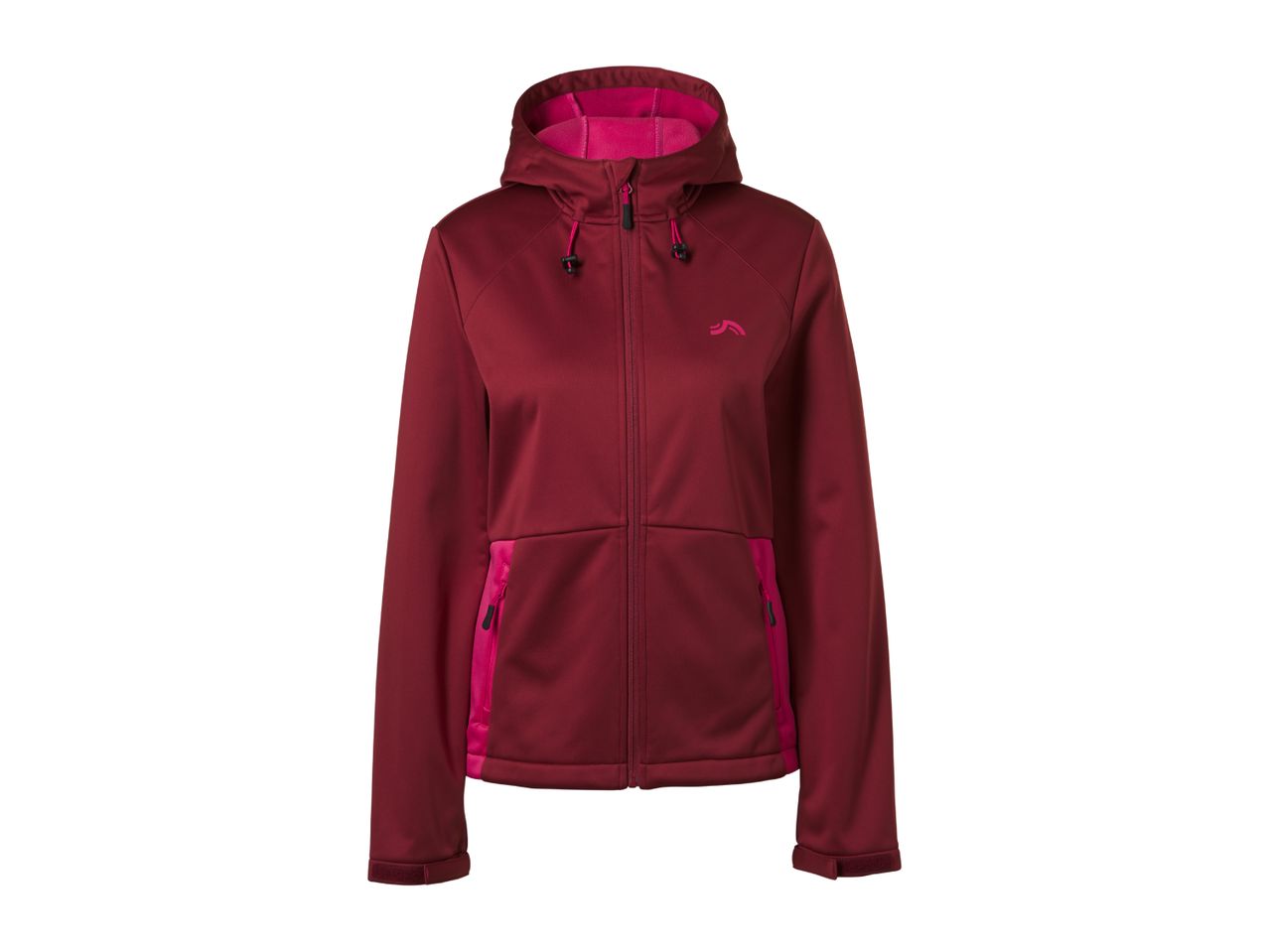 Red and pink hooded softshell jacket with a zipper and pockets.
