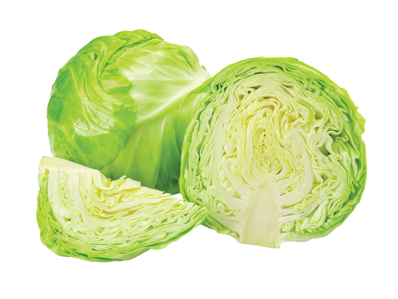 Zeleni kupus, ceo, prepolovljen i isečen na četvrtine