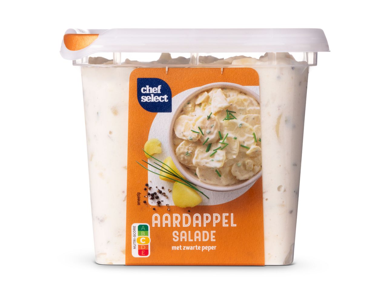 Chef Select aardappelsalade in een plastic bakje.