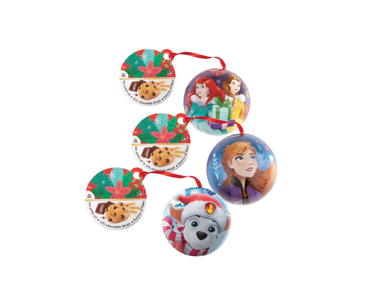 Trys kalėdiniai papuošimai su Disney princesėmis, Anna iš „Ledo šalies“ ir Maršalu iš „Paw Patrol“, su sausainių etiketėmis.