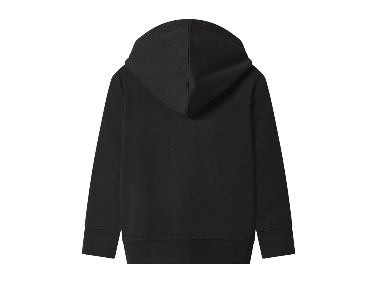 Back view of a plain black hoodie with a hood and long sleeves.