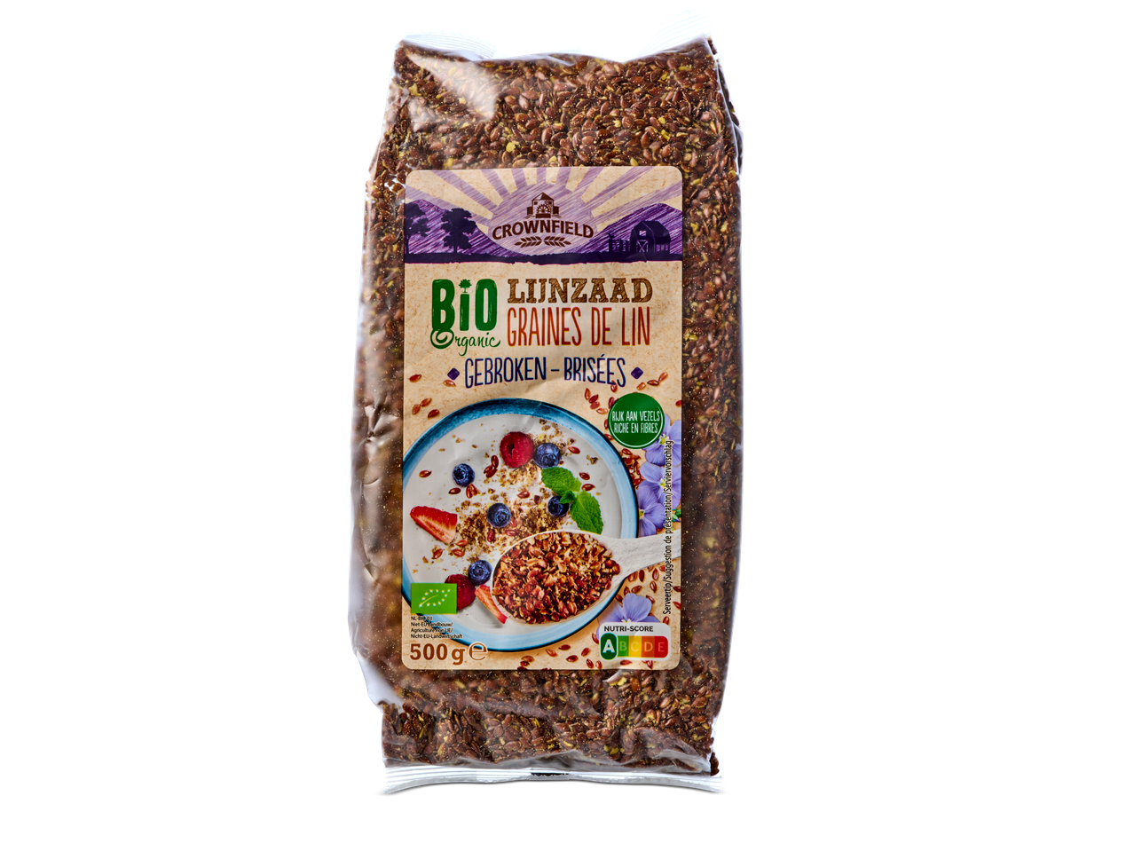 Crownfield biologische gebroken lijnzaad (500g).