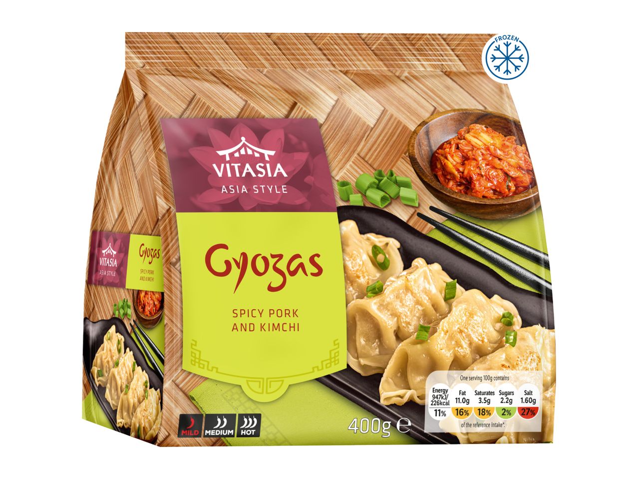 Frozen gyoza dumplings with spicy pork and kimchi, 400g, with nutritional information.