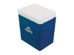 A Crivit blue and white cooler is shown from an angled perspective.