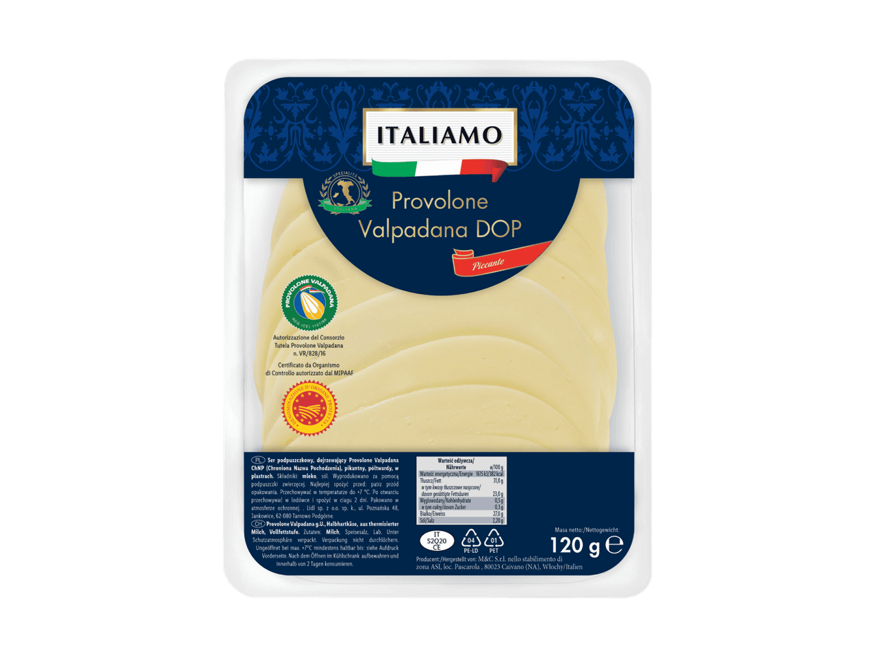 Emballage de Provolone Valpadana AOP en tranches, piquant, avec informations nutritionnelles.