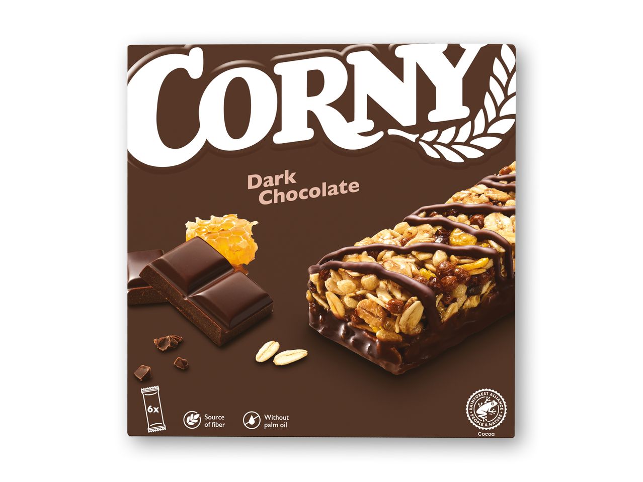 Cornys mørke chokolade müslibarer med havre og honning.