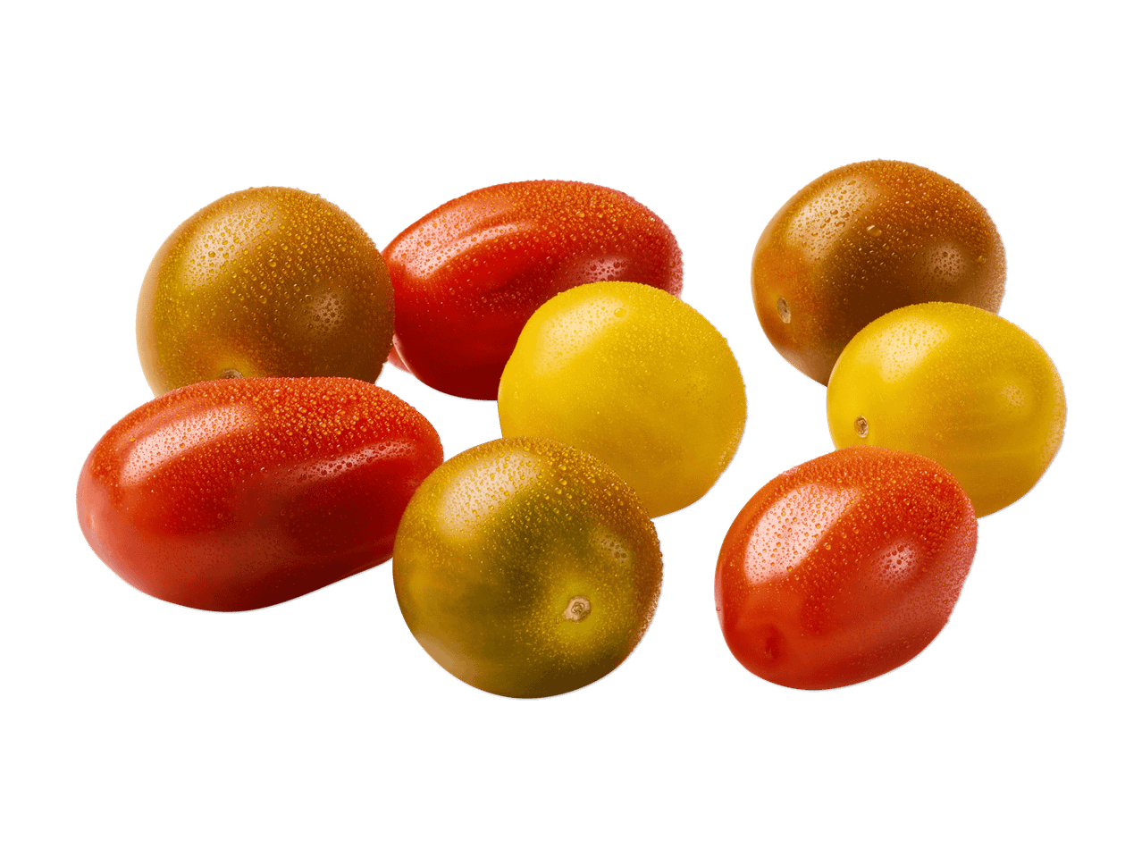 Frische, bunte Kirschtomaten mit Wassertropfen auf schwarzem Hintergrund.