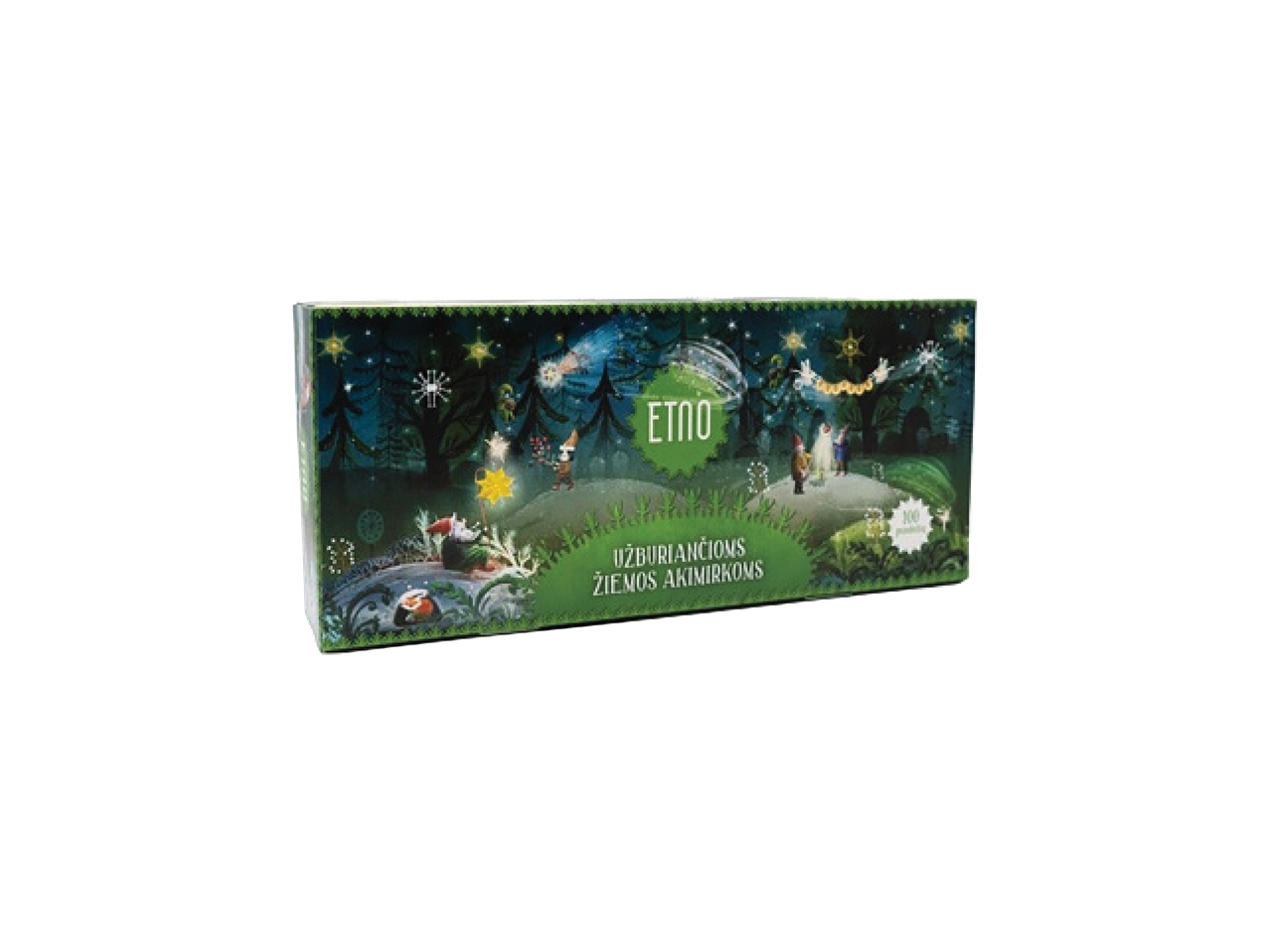 Dėžutė su užrašu 'ETNO užburiančioms žiemos akimirkoms' ir miško iliustracija.