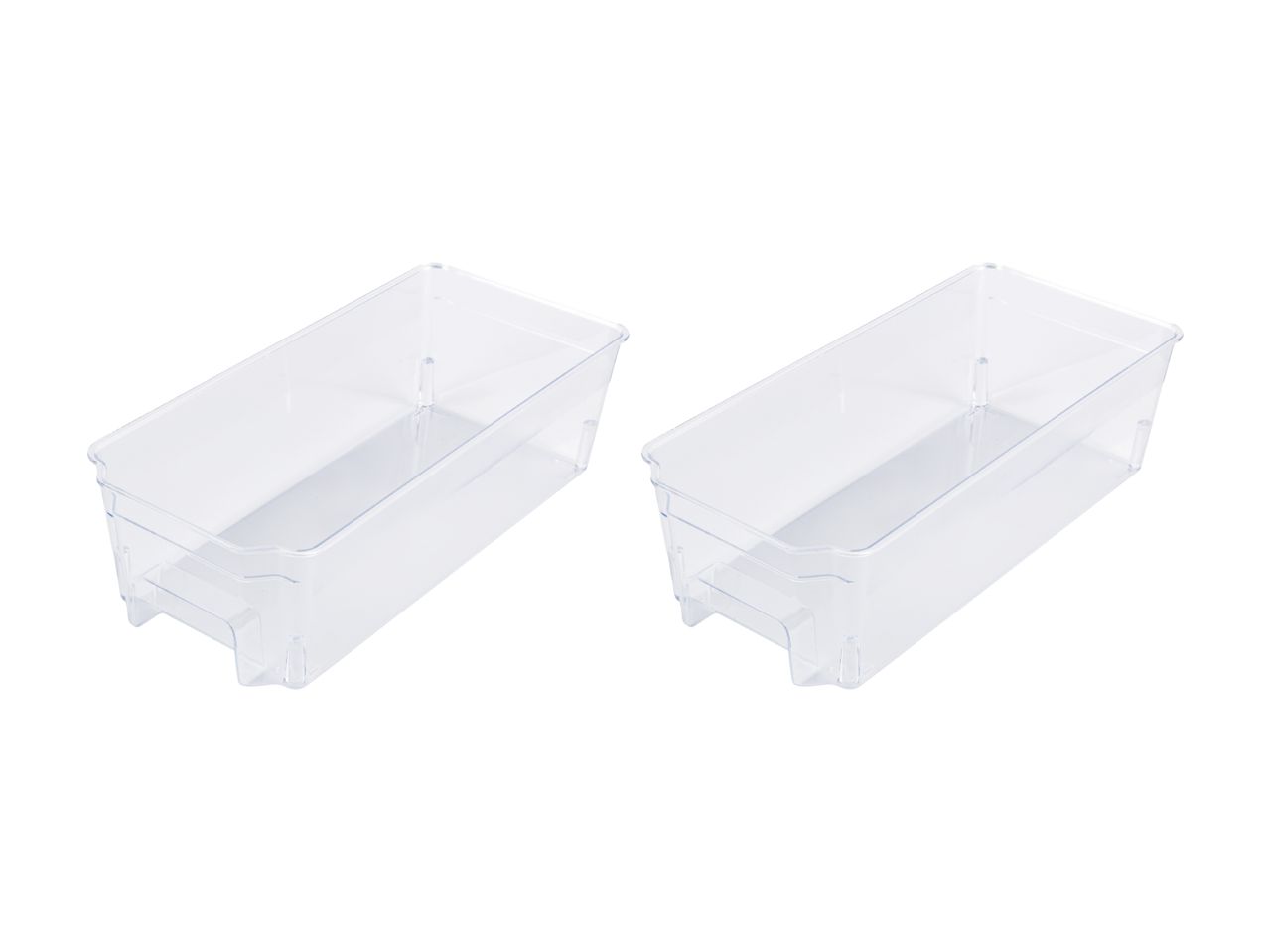 Two clear plastic storage bins with handles.