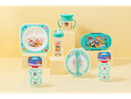 Paw Patrol tableware and soothers: plate, bottle, cup, and pacifier.
