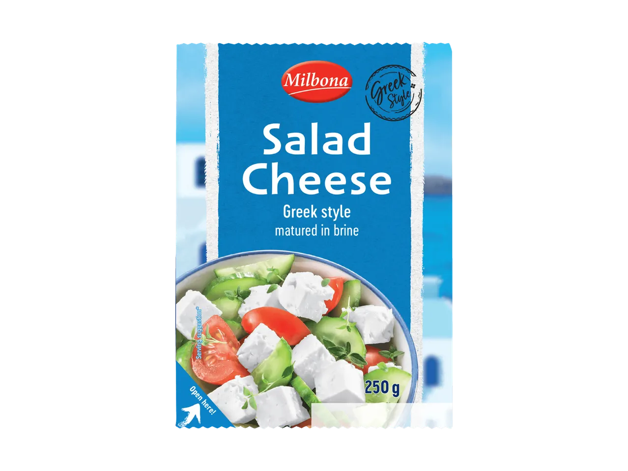 Formaggio per insalata alla greca, stagionato in salamoia, con un suggerimento di insalata.