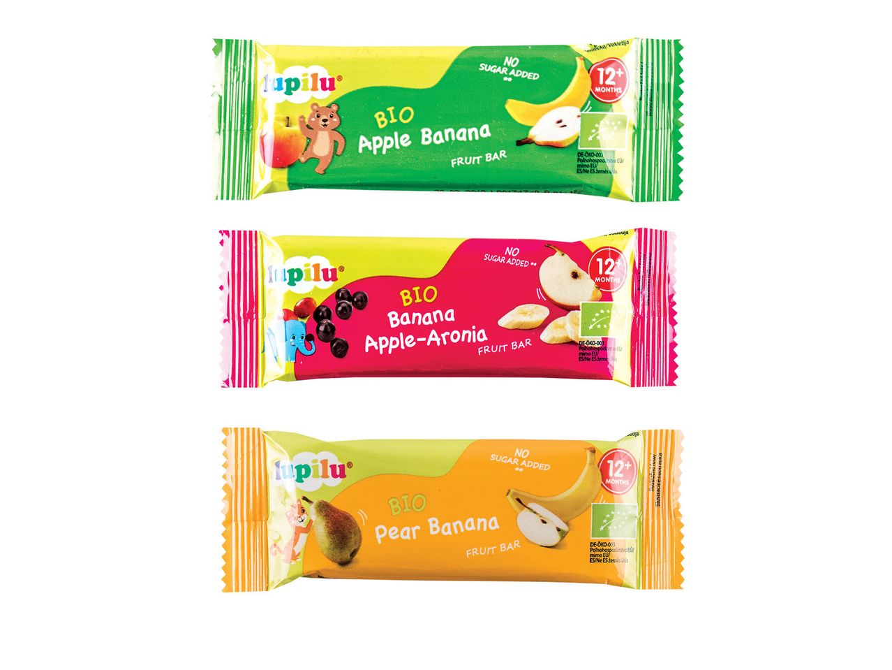 Lupilu Bio vaisių batonėliai: obuolys-bananas, bananas-aronija, kriaušė-bananas.