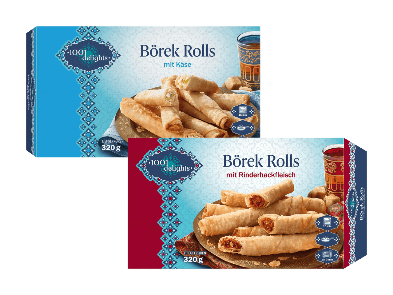Zwei Packungen Börek Rolls: eine mit Käse und eine mit Rinderhackfleisch, jeweils 320g.