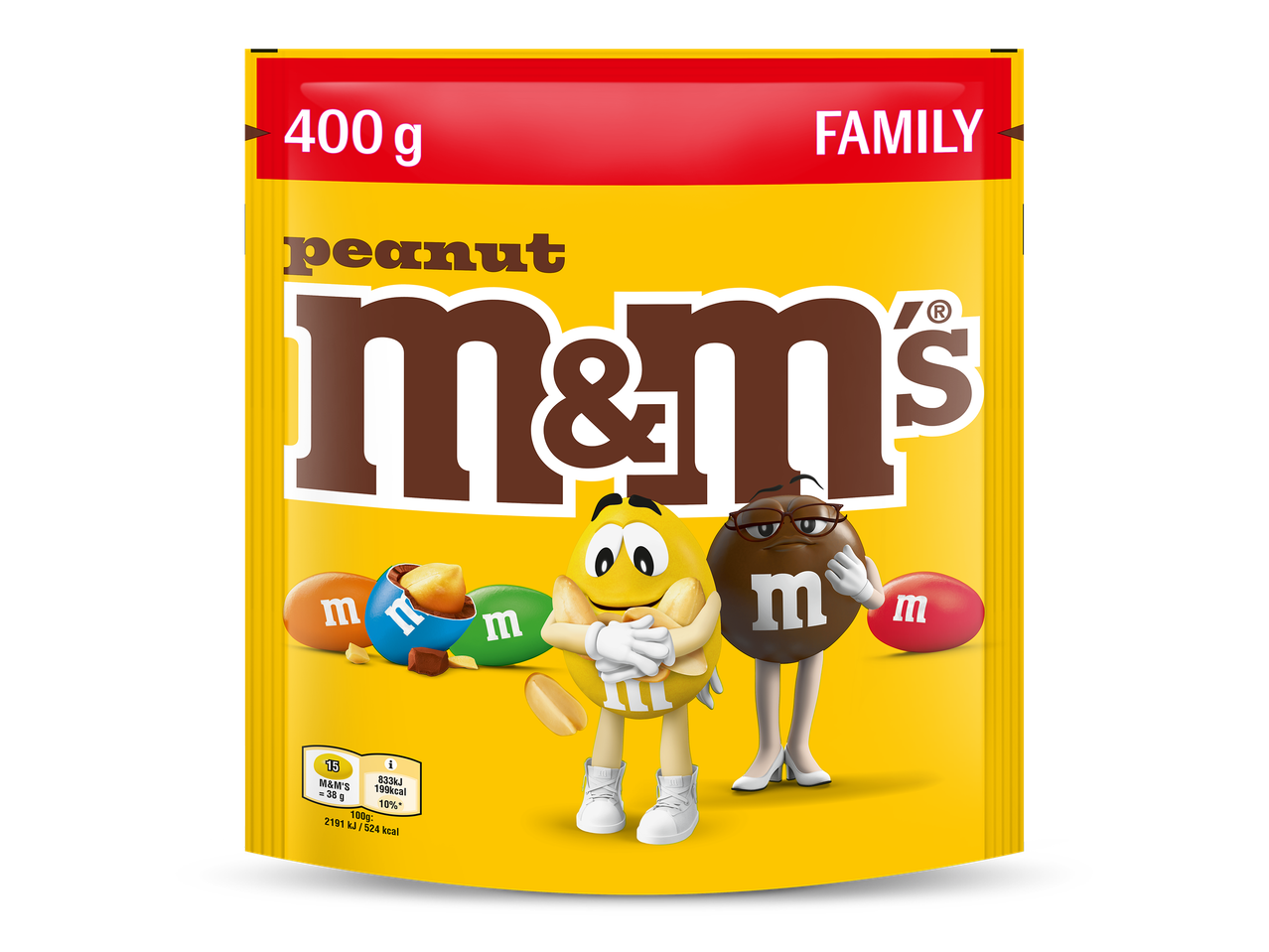 Gele familiezak pinda-chocoladedragees van 400 gram.