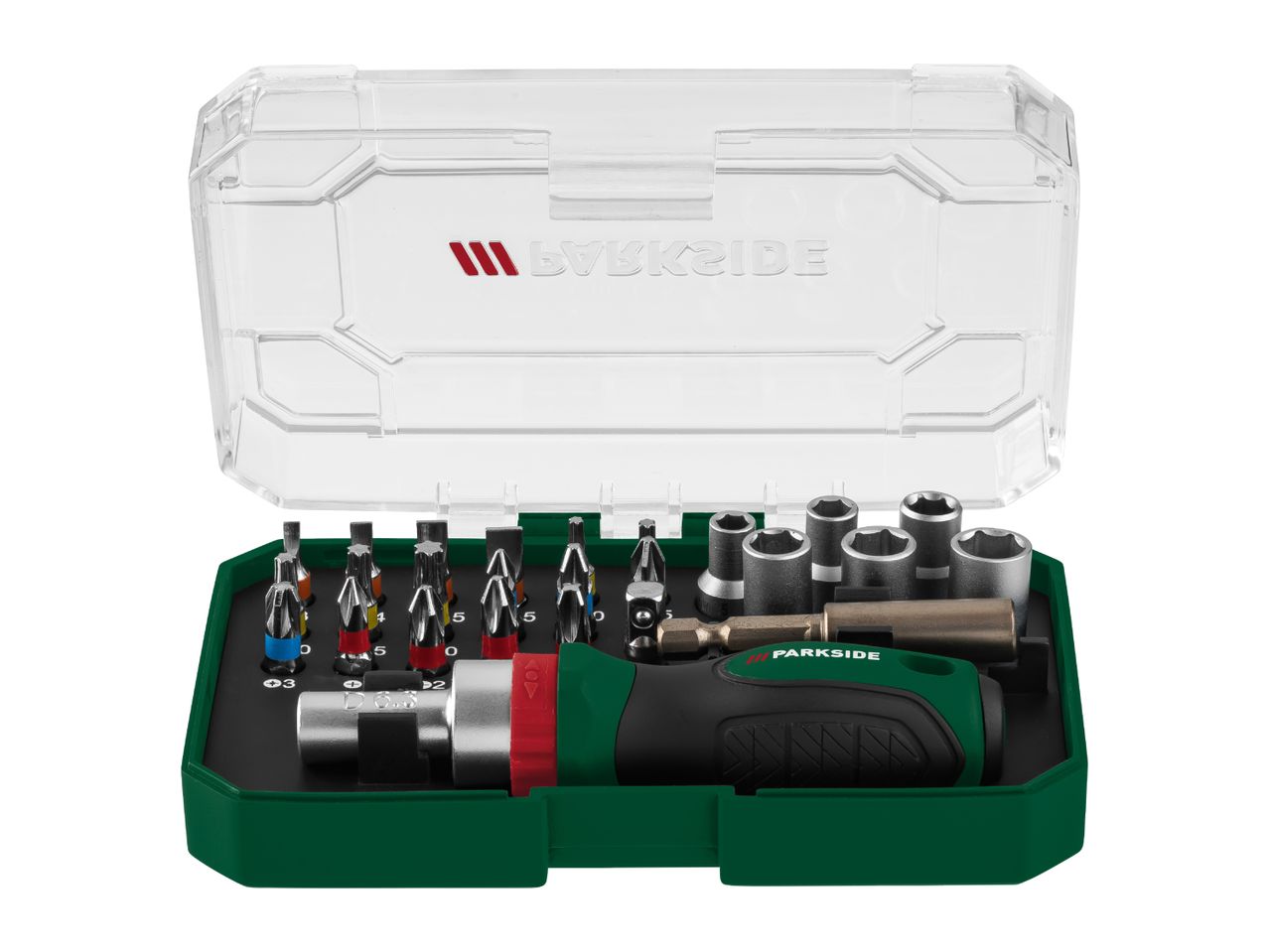 Screwdriver bit set with a ratchet screwdriver, various bits, and sockets in a clear case.