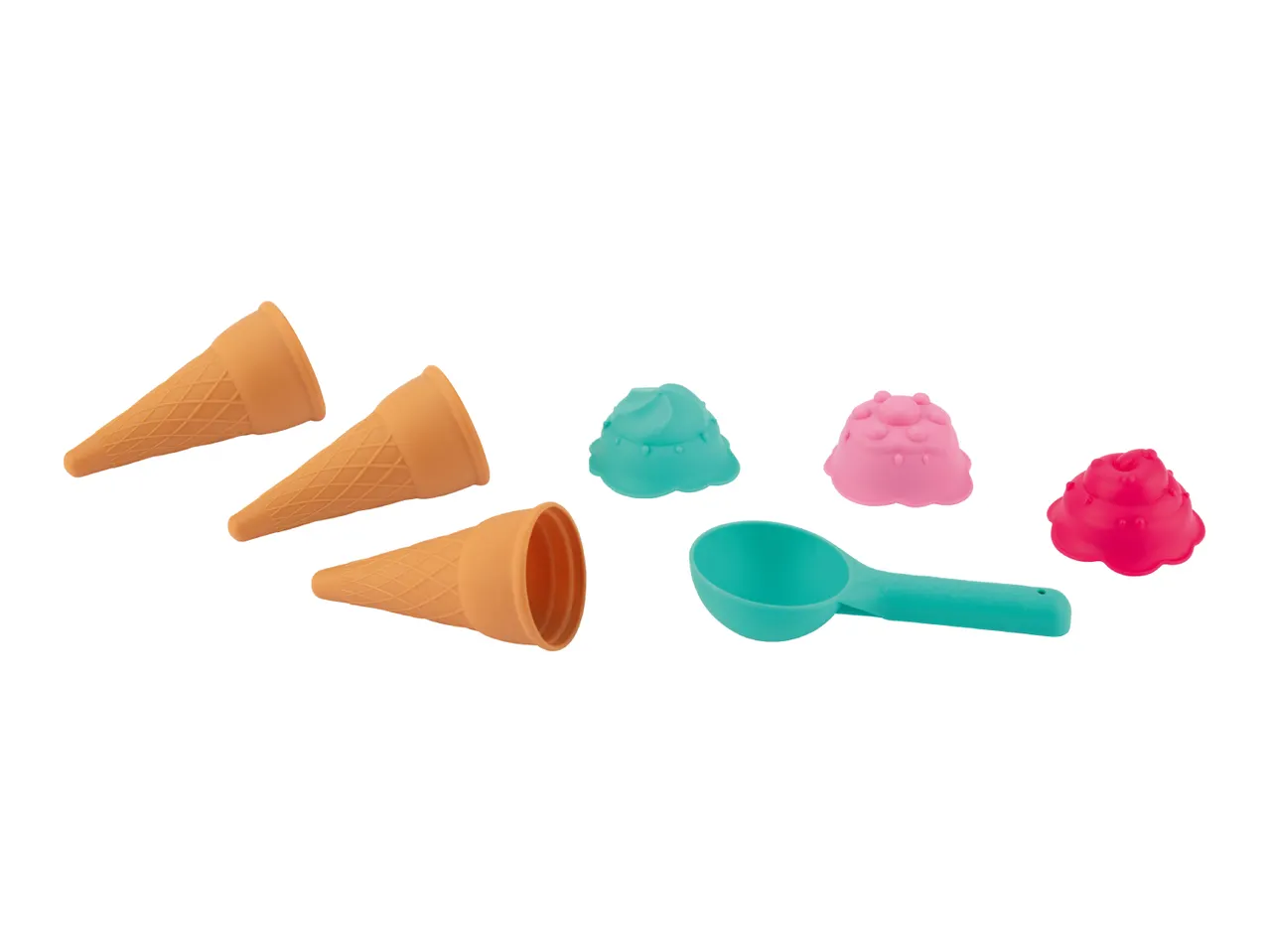 Ice cream sand toy set with three cones, three scoops, and a scoop.