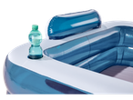 Blue inflatable pool with drink holder.