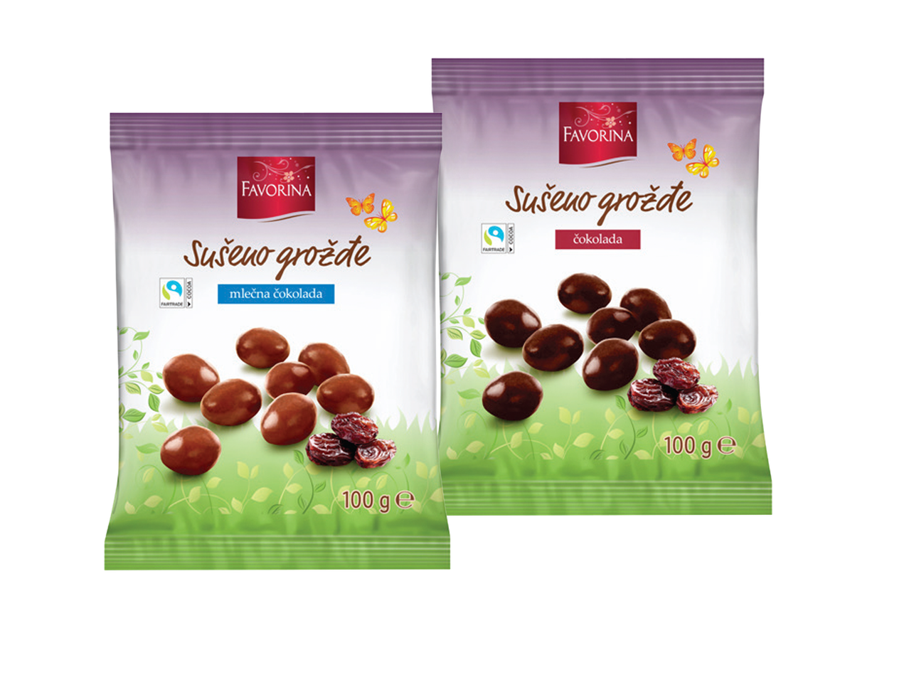 Dve kese sušenog grožđa, jedna sa mlečnom čokoladom, a druga sa čokoladom, obe 100g.