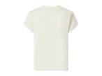 Back view of a plain, light-colored short-sleeved t-shirt with rolled-up sleeves.