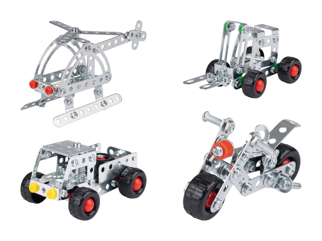 Metall-Bausatz mit Helikopter, Gabelstapler, Truck und Motorrad.