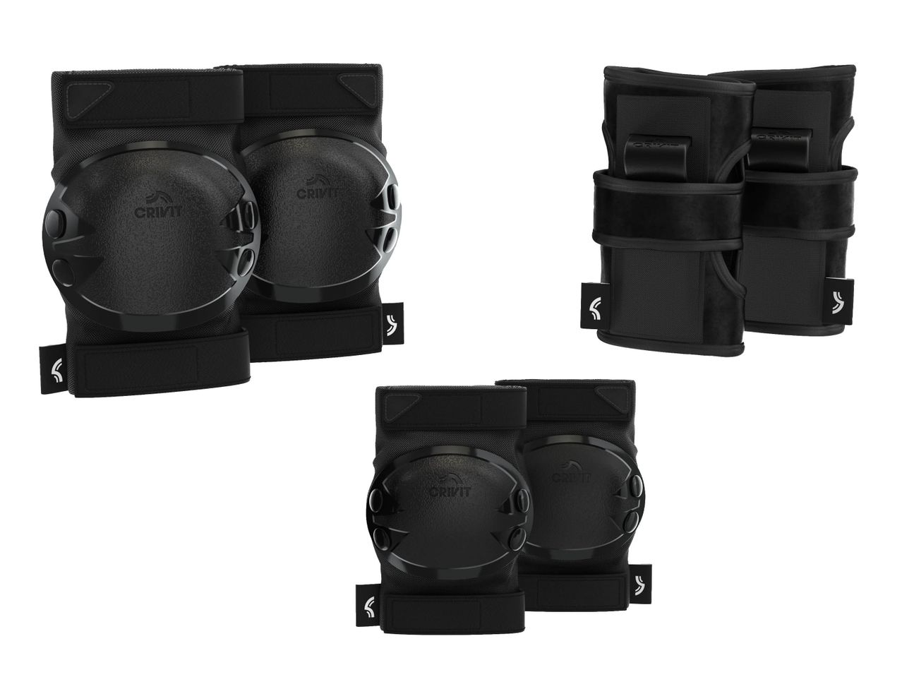 Schwarze Knie-, Ellbogen- und Handgelenkschützer für Sport und Freizeit.