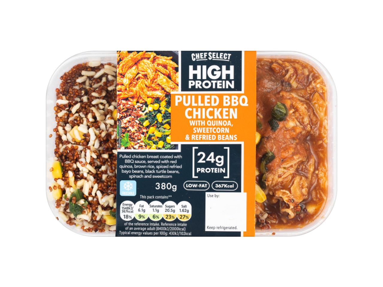 Chef Select: Pulled BBQ chicken with quinoa, sweetcorn & refried beans. High protein.