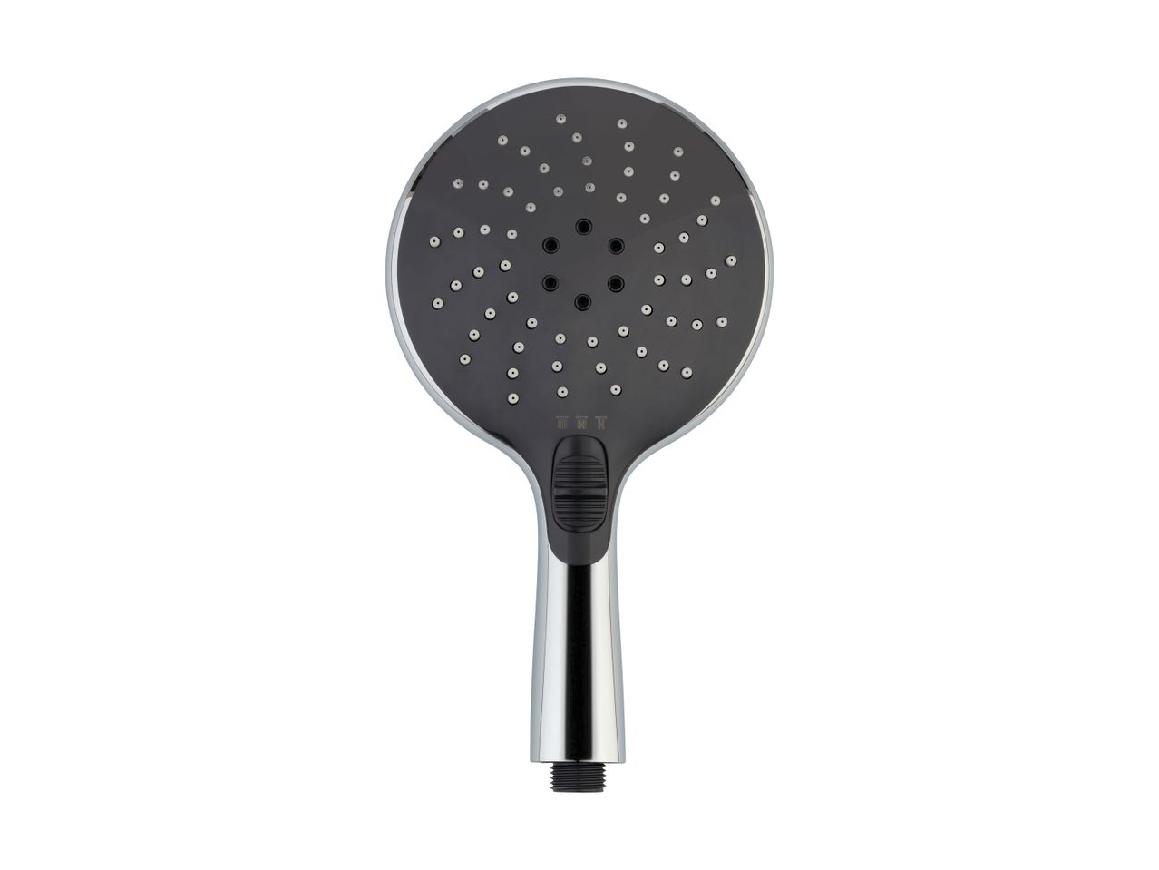 A chrome and black handheld shower head with multiple spray settings on a white background.