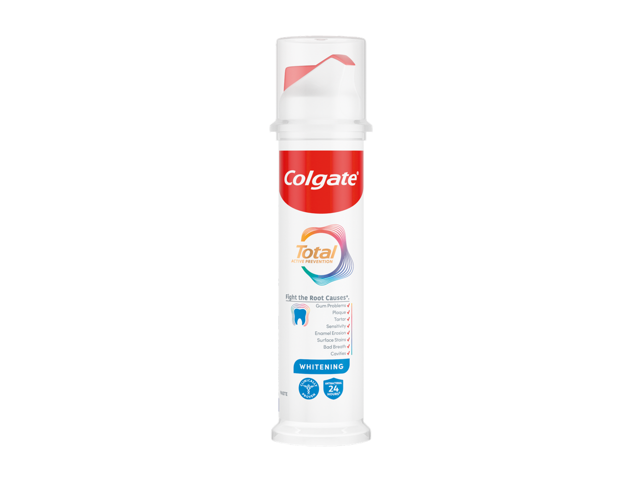 Pastă de dinți Colgate Total Active Prevention Whitening cu pompă și protecție antibacteriană 24 de ore.