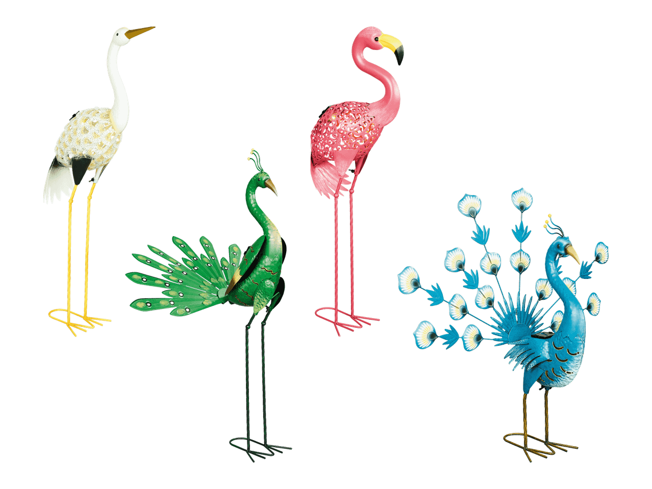 Metallisia lintuhahmoja: joutsen, flamingo, kaksi paviaania.