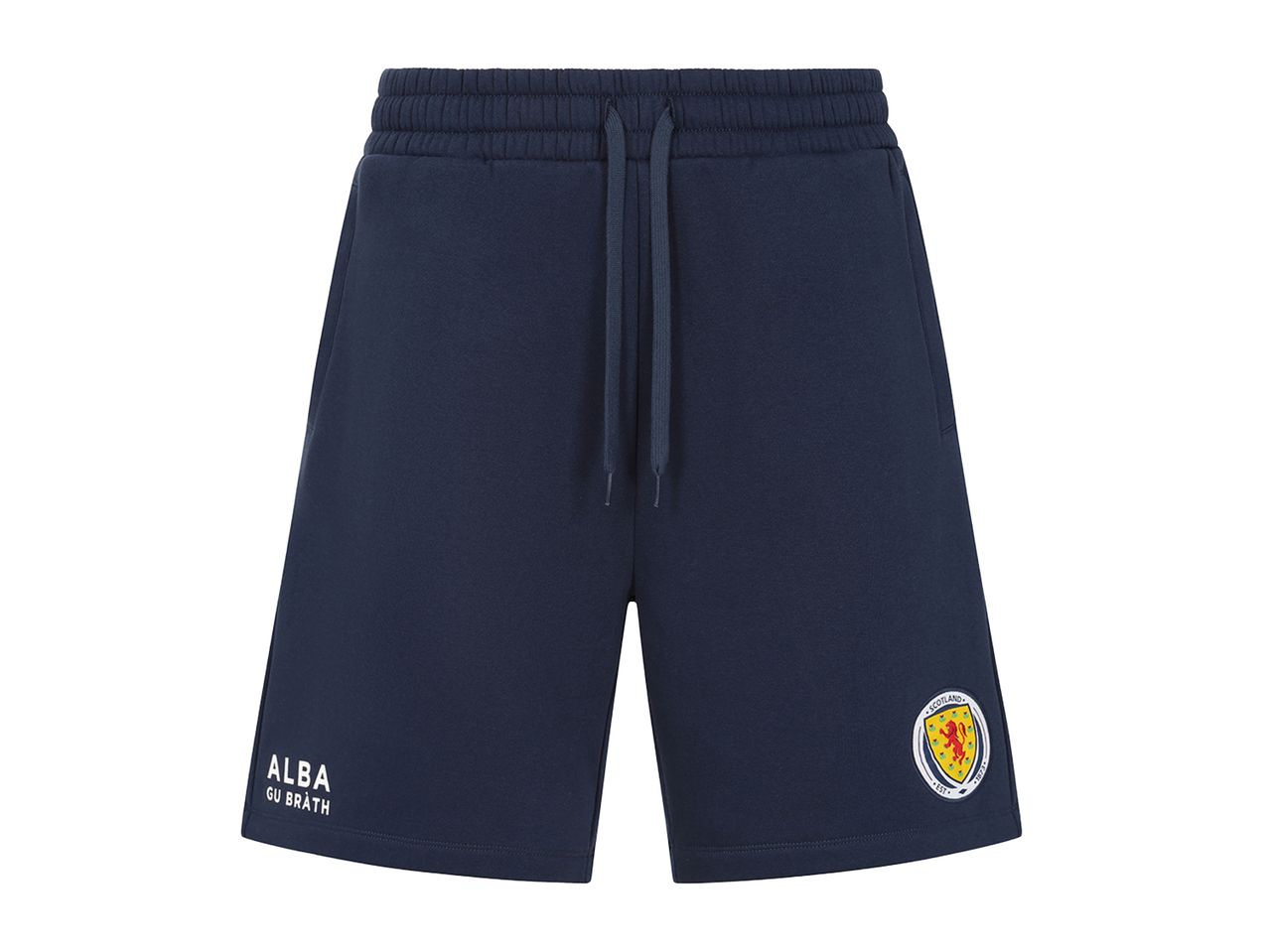 Navy blue shorts with a drawstring waist, featuring a Scottish emblem and 'ALBA GU BRATH' text.