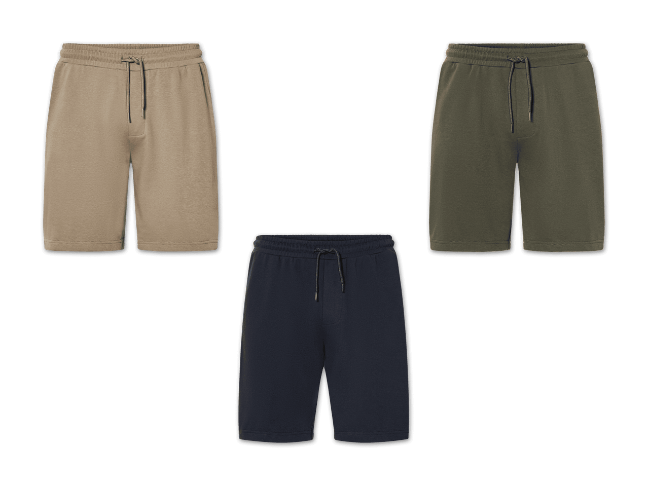 Drei Jogginghosen in Beige, Olivgrün und Dunkelblau.