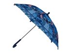 Blue Stitch umbrella with tropical leaf and flower patterns.