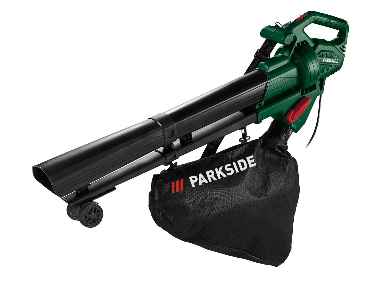Green and black leaf blower with a collection bag and wheels