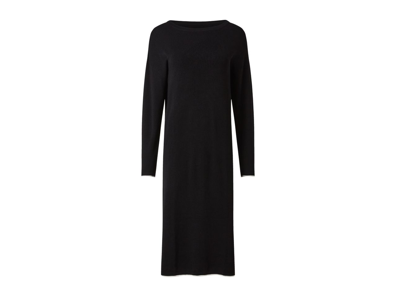 Black long-sleeved midi dress with white trim on the cuffs and hem.