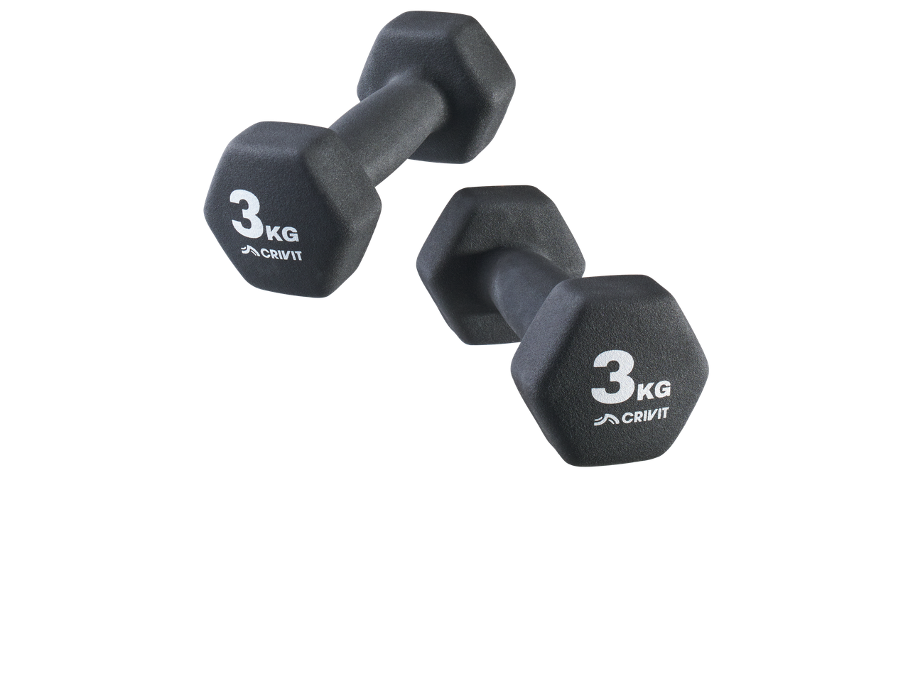 Two black Crivit dumbbells, each weighing 3 kg, are angled on a black background.