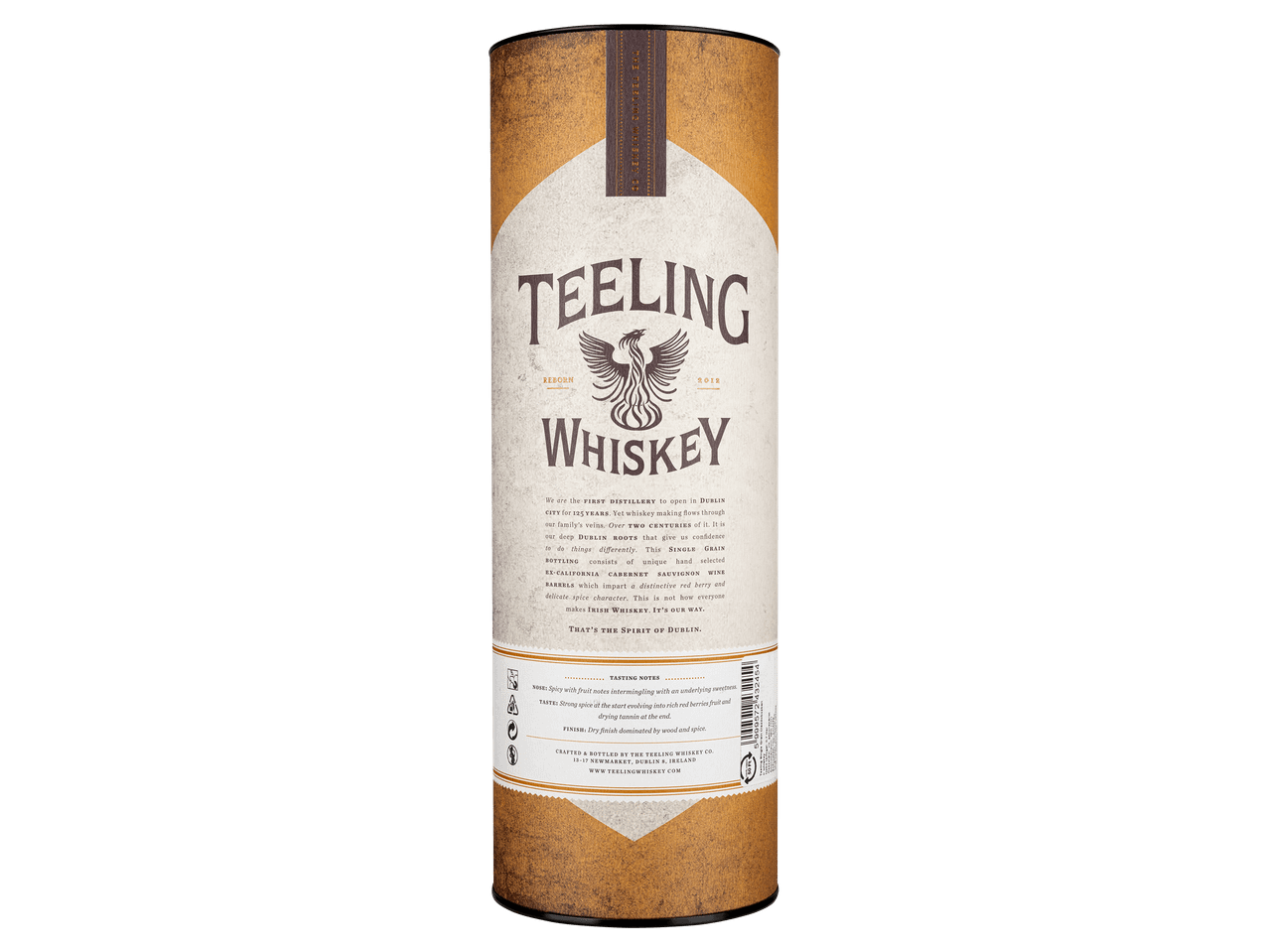 Ír whiskey díszdobozban, a hátoldalán részletes termékleírással.