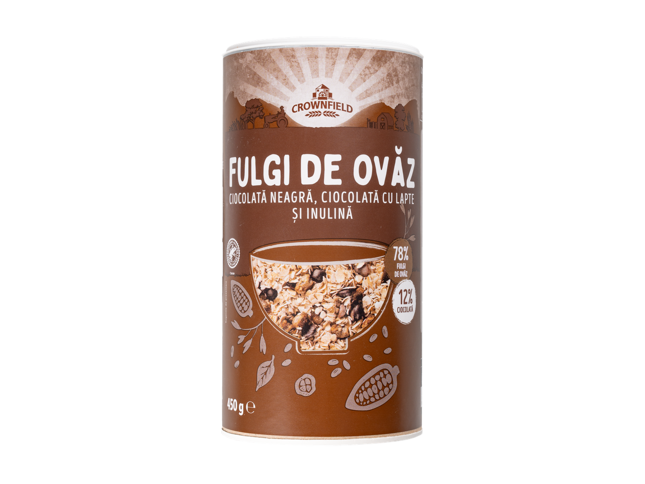 Fulgi de ovăz Crownfield cu ciocolată neagră, ciocolată cu lapte și inulină.