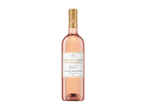 Fles roséwijn met een wit etiket met olijftakken en tekst