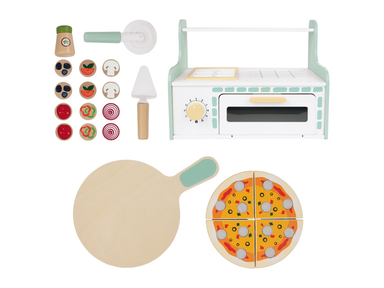 A wooden toy pizza set with an oven, pizza, toppings, and utensils.