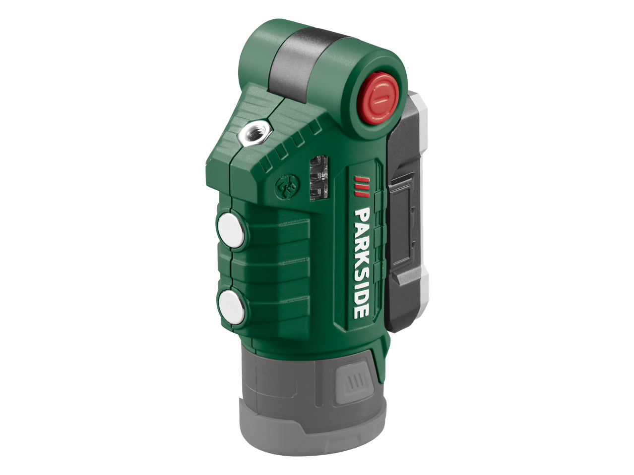 Lampă LED magnetică PARKSIDE verde cu butoane albe și detalii roșii.