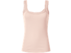 Light pink ribbed camisole with lace trim on the neckline and straps.