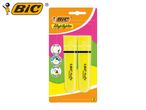 Two yellow highlighters in a blister pack, featuring fine and large tips, quick-drying ink.