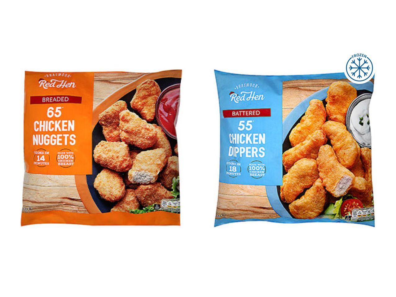 Two bags of frozen chicken products: breaded chicken nuggets and battered chicken dippers.