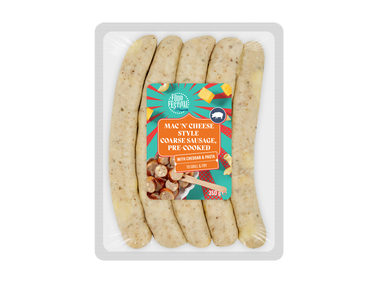 Mac 'n' Cheese-stijl grove worstjes, voorgekookt, met cheddar en pasta.