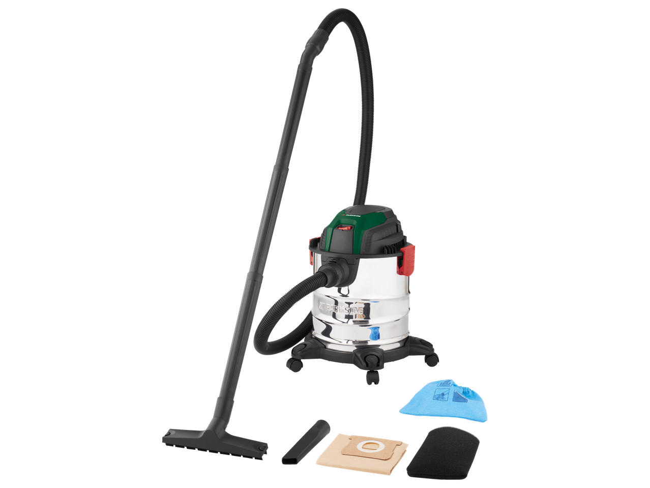 Parkside dulkių siurblys su metaliniu konteineriu ir priedais.