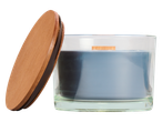 LIVARNO home Scented Candle in a glass jar with a wooden lid, light blue wax, and a wooden wick.