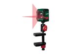 Self-levelling cross-line laser with a clamp mount, emitting red laser lines.