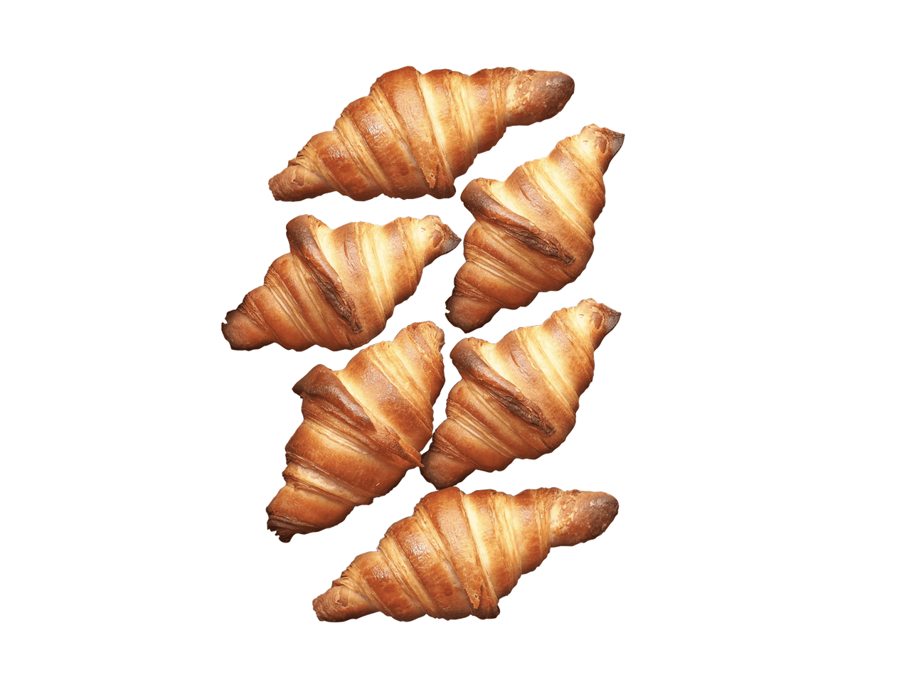 Šeši auksiniai, traškūs kruasanai, išdėstyti įstrižai ant juodo fono.